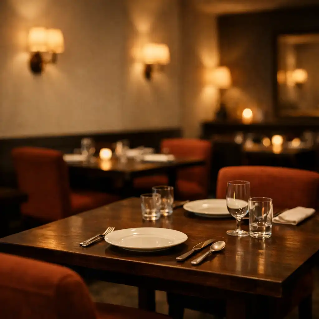 A warm, intimate dining room with dark timber tables, simple white plates, and soft indirect lighting