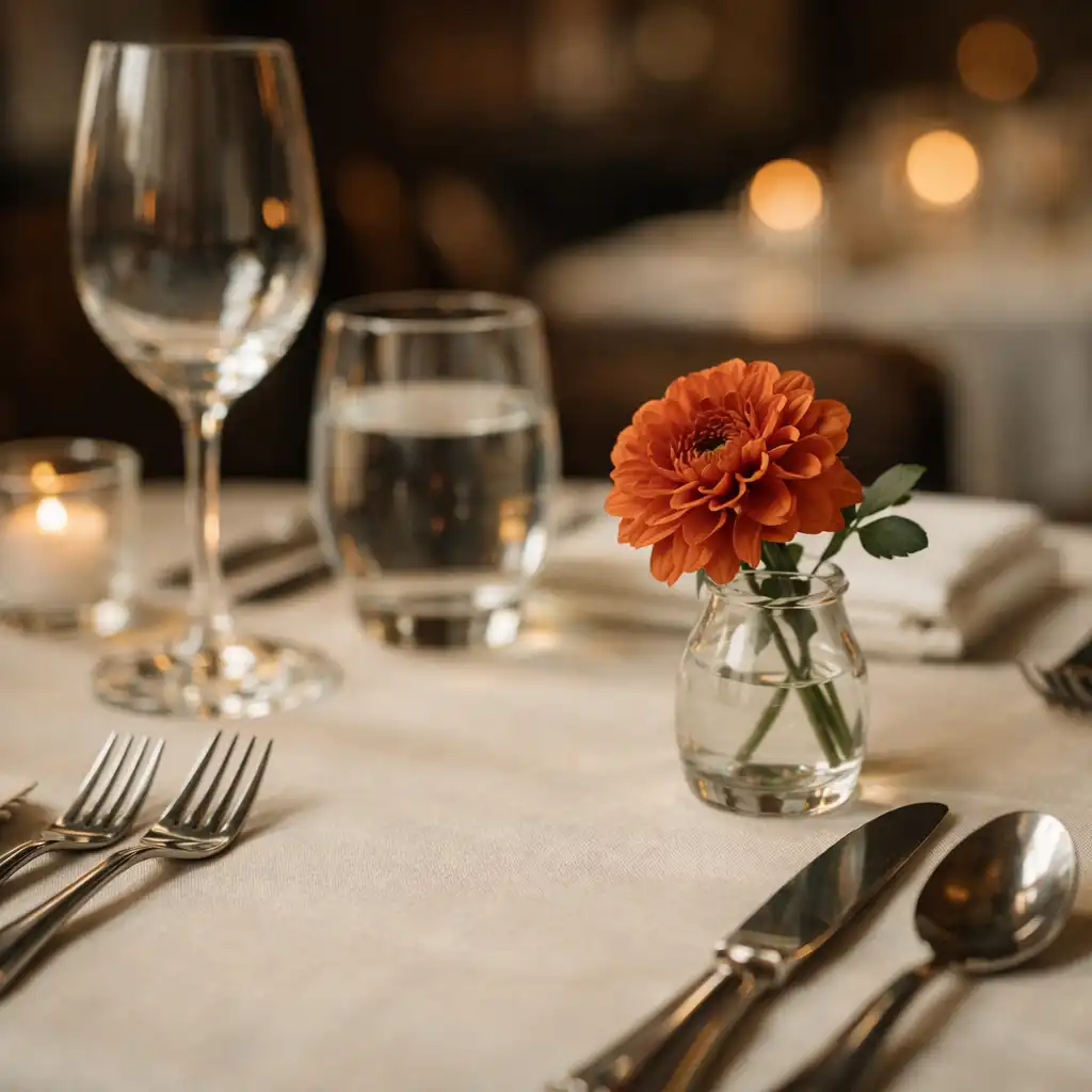 A refined dining table detail with ivory linen, polished silverware, and a small terracotta flower.