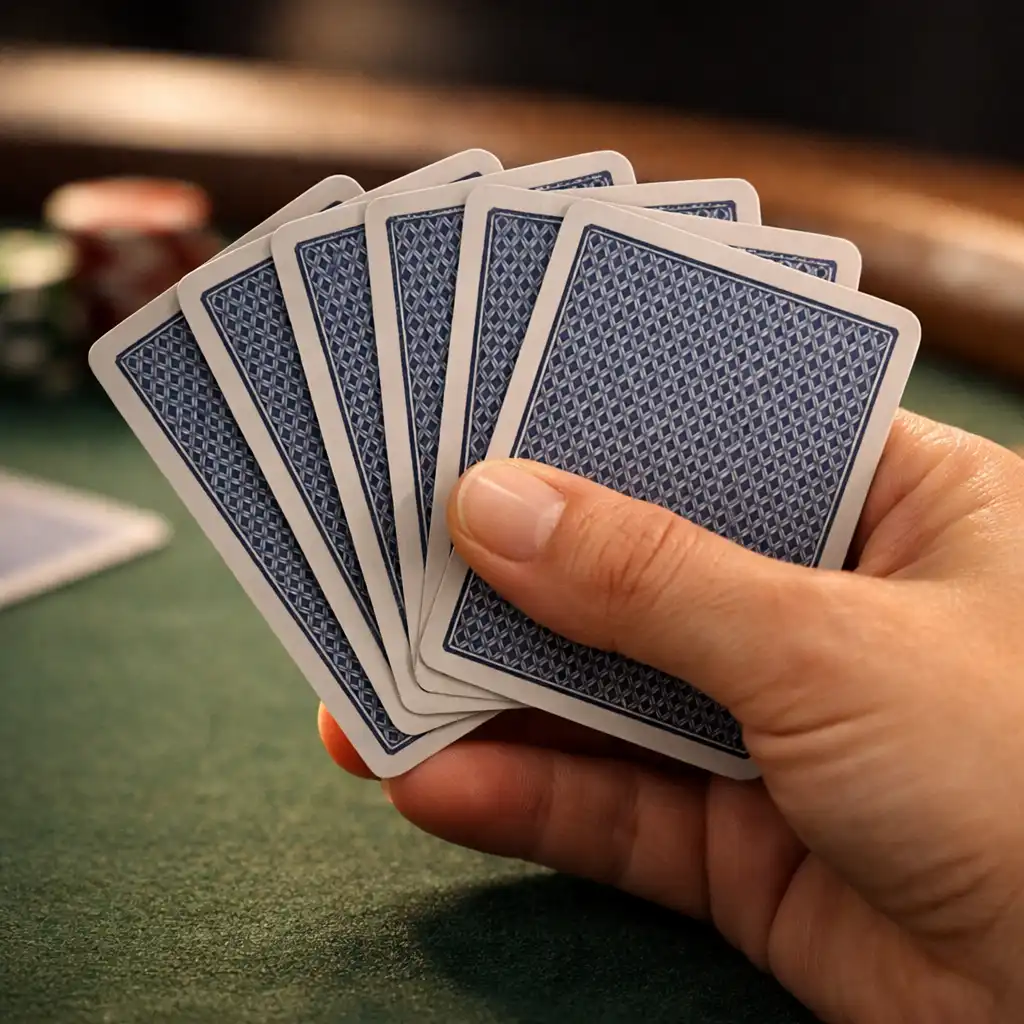A player's hand holding a fan of playing cards over a poker table, with soft warm lighting.