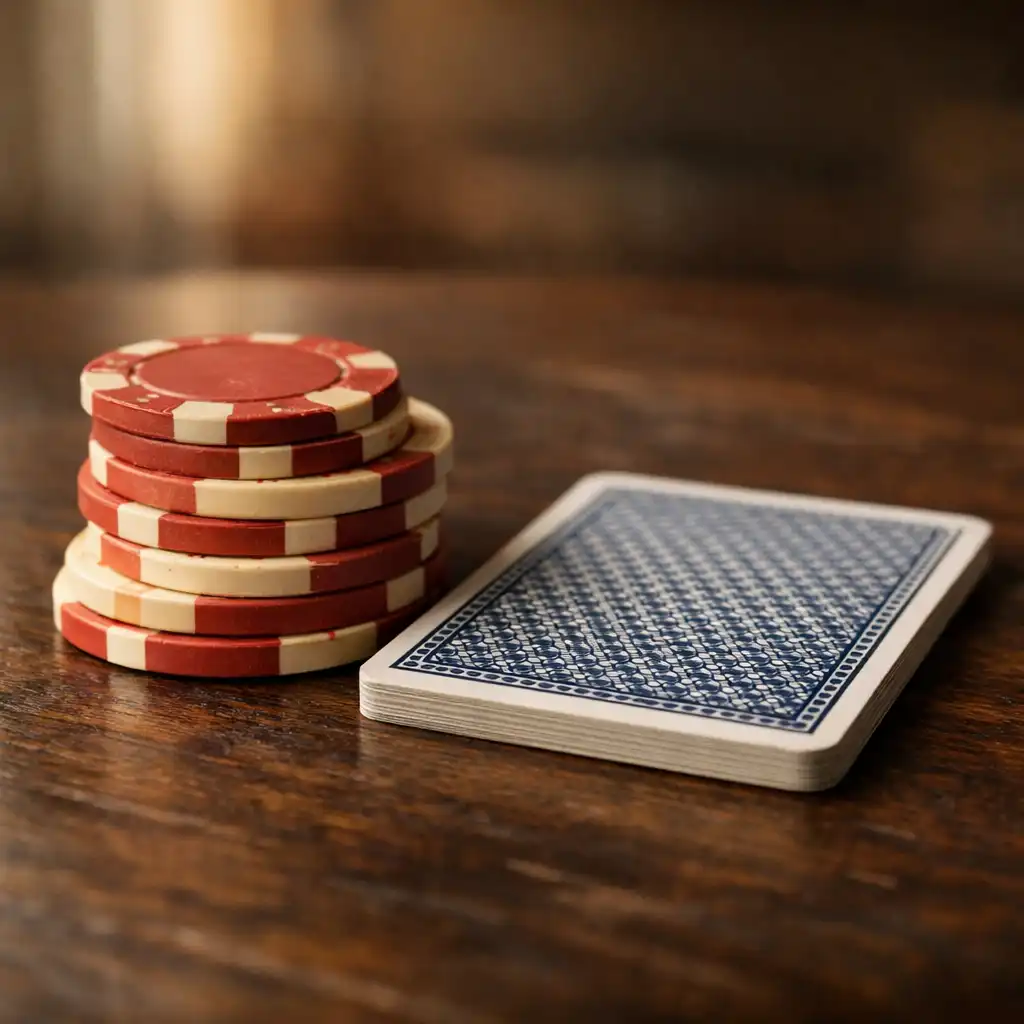 Poker chips and a face-down card on a dark wooden table
