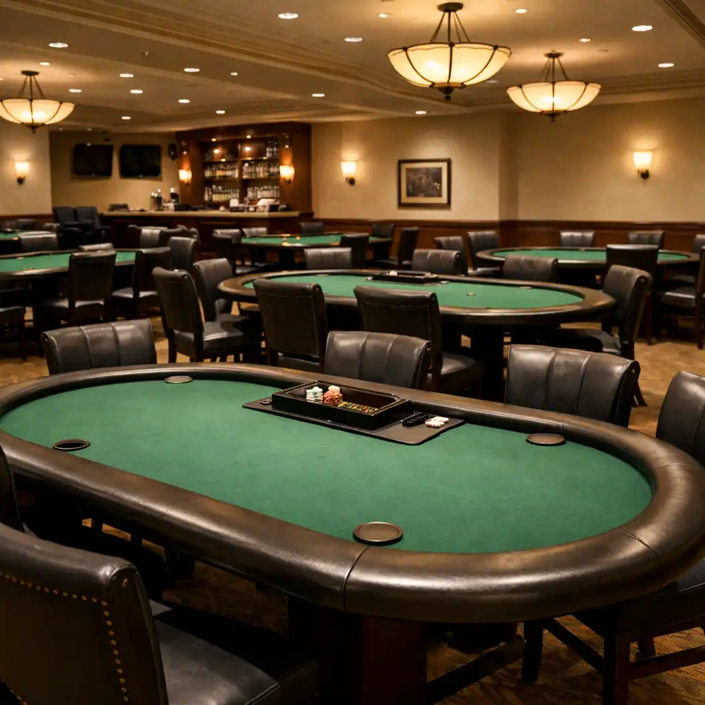 Interior of the dedicated poker room with felt tables and warm lighting