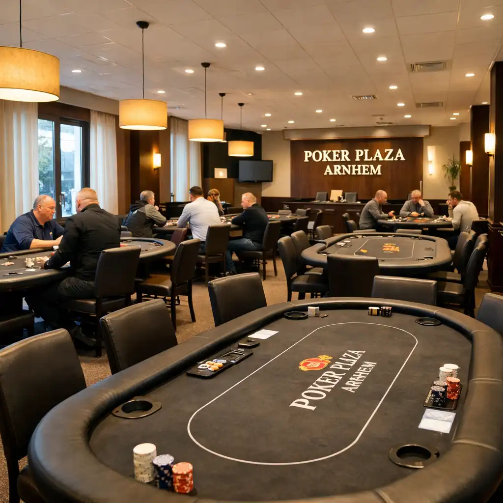 A wide-angle view of the poker room with several dedicated poker tables, warm pendant lighting, and players focused on their cards.