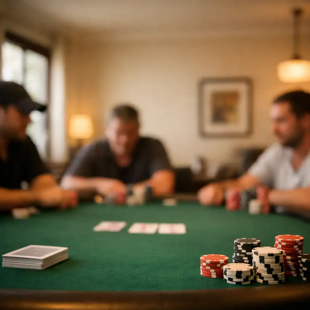 A dedicated poker room with a green felt table, neatly stacked chips, and a deck of cards under warm lighting
