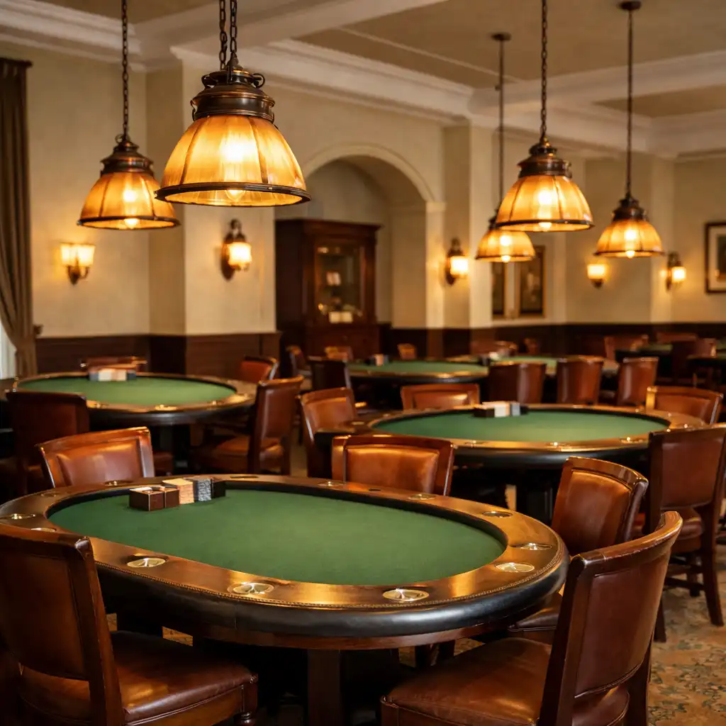 Interior of a refined poker room with multiple green felt tables, wooden chairs, and warm pendant lights