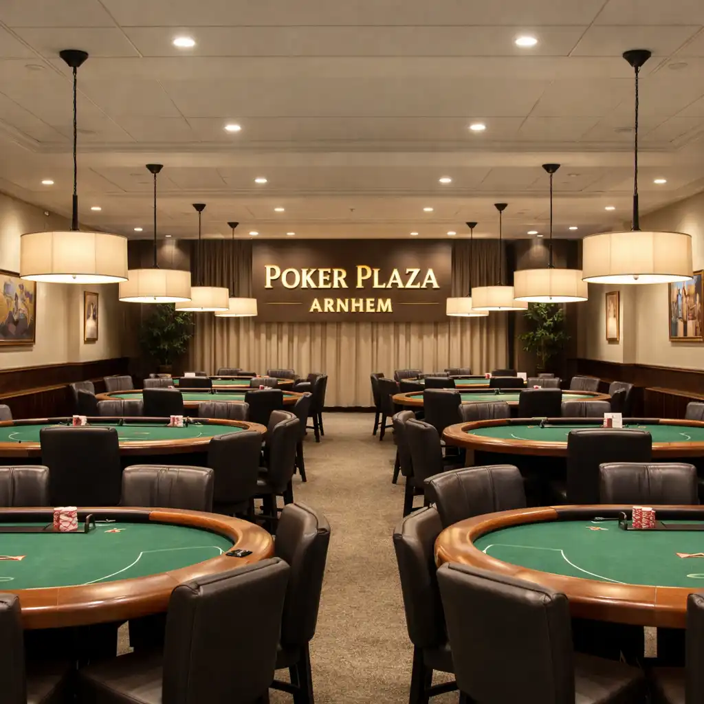 Wide view of the dedicated poker room with green felt tables and warm pendant lighting