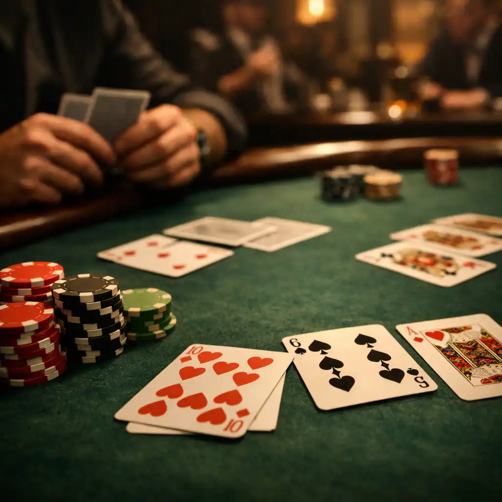 Players' hands handling cards and chips at a poker table in warm light