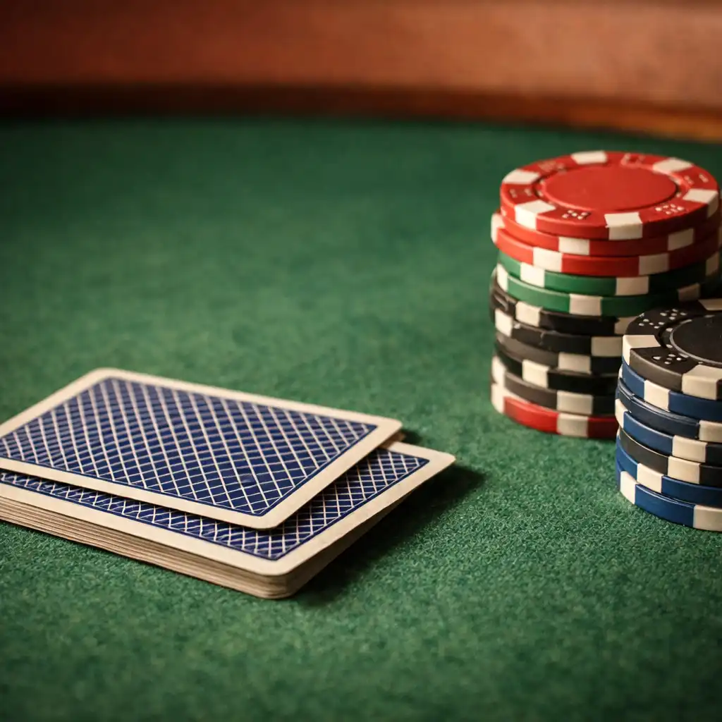 Close-up of a poker table with green felt, playing cards, and clay chips