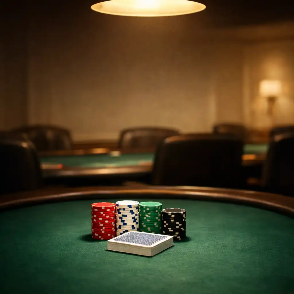 A tall editorial photograph of a real poker table with deep green felt, a neat stack of clay poker chips, and a deck of cards under warm pendant light.