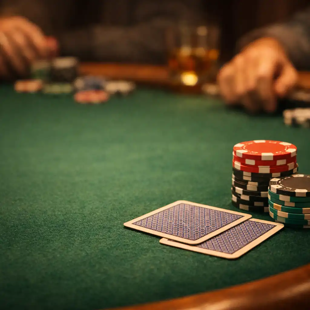 Warmly lit private poker table with cards and chips in focus