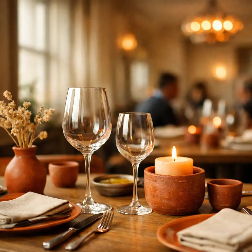 Warmly lit restaurant interior with elegant table settings and subtle terracotta accents