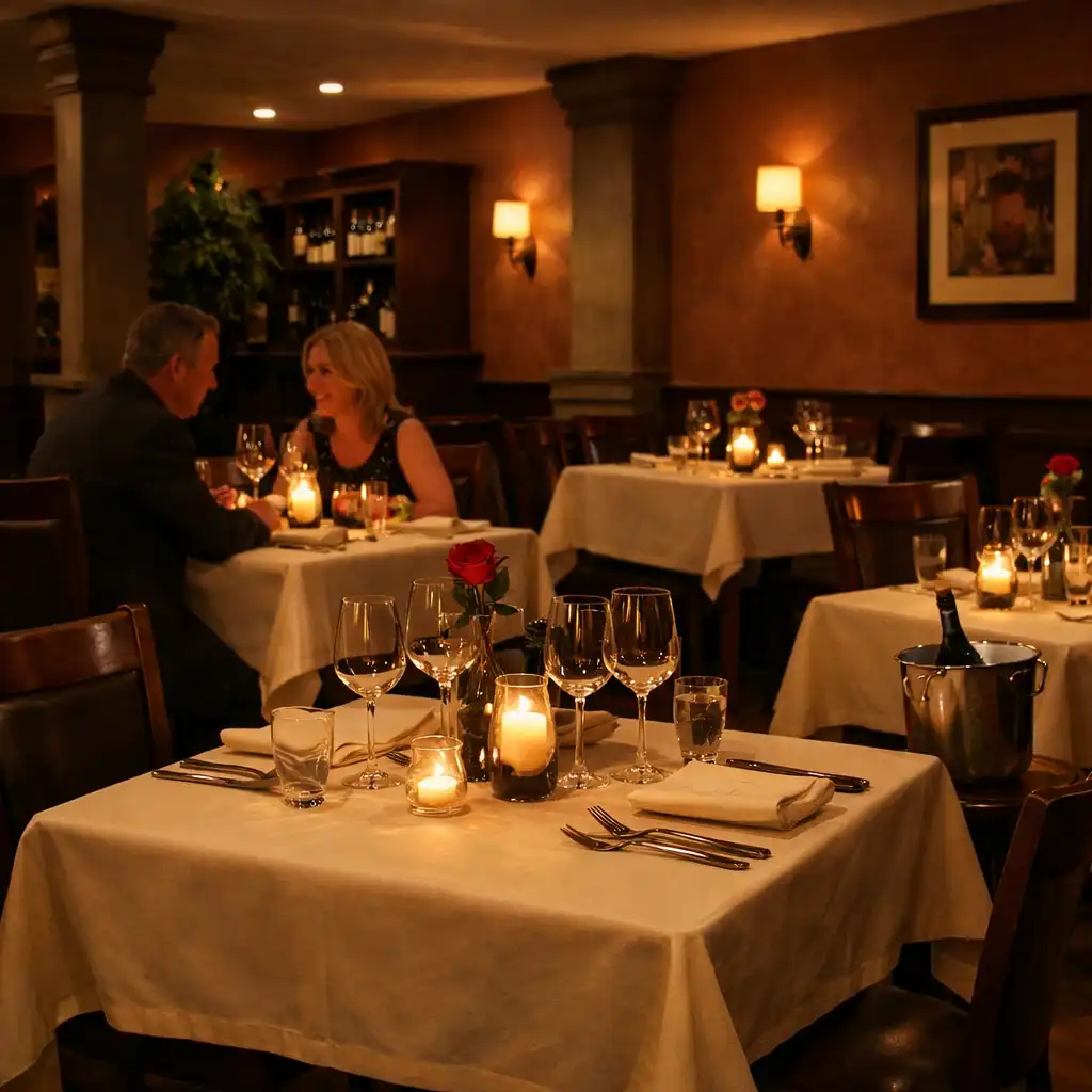 The restaurant dining room with elegantly set tables, ivory tablecloths, and soft candlelight.