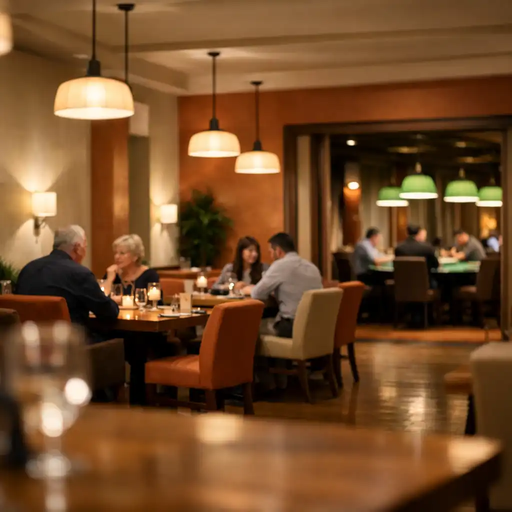 Warm restaurant interior with set tables, ivory linens, and soft lighting